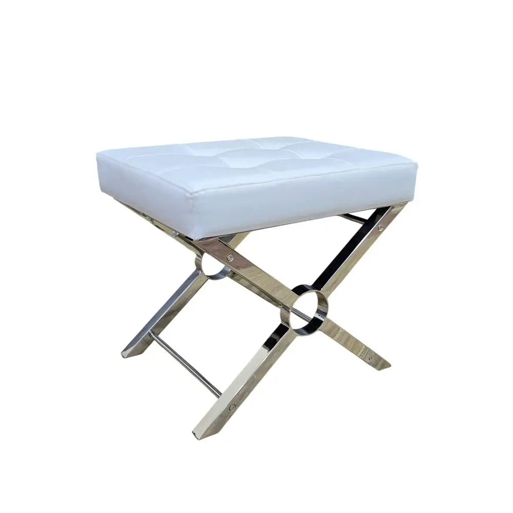 Modern XFrame Stool Luxury Chrome Steel Base with White Upholstery Cushion Faux Leather Soft Seat, Vanity Bench Modern Style Ac
Modern XFrame Stool Luxury Chrome Steel Base with White Upholstery Cushion Faux Leather Soft Seat, Vanity Bench Modern Style Ac