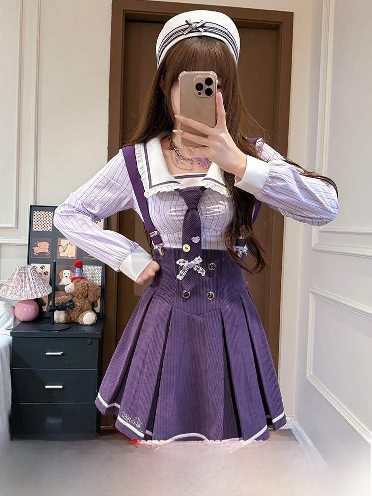 Academy Style Striped Shirt And Skirt Set Women's Autumn Fashion Ensemble High Waist Pleated Skirt with Shoulder Straps
Academy Style Striped Shirt And Skirt Set Women's Autumn Fashion Ensemble High Waist Pleated Skirt with Shoulder Straps