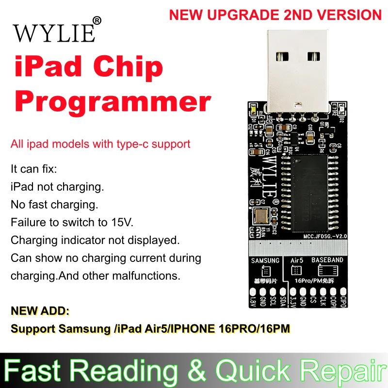 WYLIE 2nd Ipad Chip Programmer for IP16PRO 16PM/SAMSUNG/ Air 5 all Models with Tyc Charging Malfunction Repair Programmer Tools
WYLIE 2nd Ipad Chip Programmer for IP16PRO 16PM/SAMSUNG/ Air 5 all Models with Tyc Charging Malfunction Repair Programmer Tools
