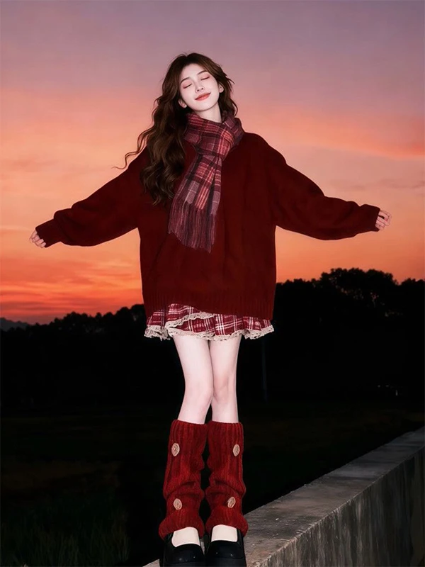 Red Knitted Twisted Sweater And Plaid Ruffle Skirt Set Commuter Style Fashion Ensemble Bubble Sleeve round Neck mid Stretch
Red Knitted Twisted Sweater And Plaid Ruffle Skirt Set Commuter Style Fashion Ensemble Bubble Sleeve round Neck mid Stretch