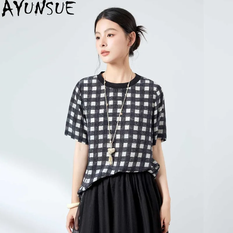 AYUNSUE 100% Silk Women's T-shirts Fashion Short Sleeve Summer Tops for Woman Plaid Printed T Shirt Commuting Woman Clothes топ
AYUNSUE 100% Silk Women's T-shirts Fashion Short Sleeve Summer Tops for Woman Plaid Printed T Shirt Commuting Woman Clothes топ