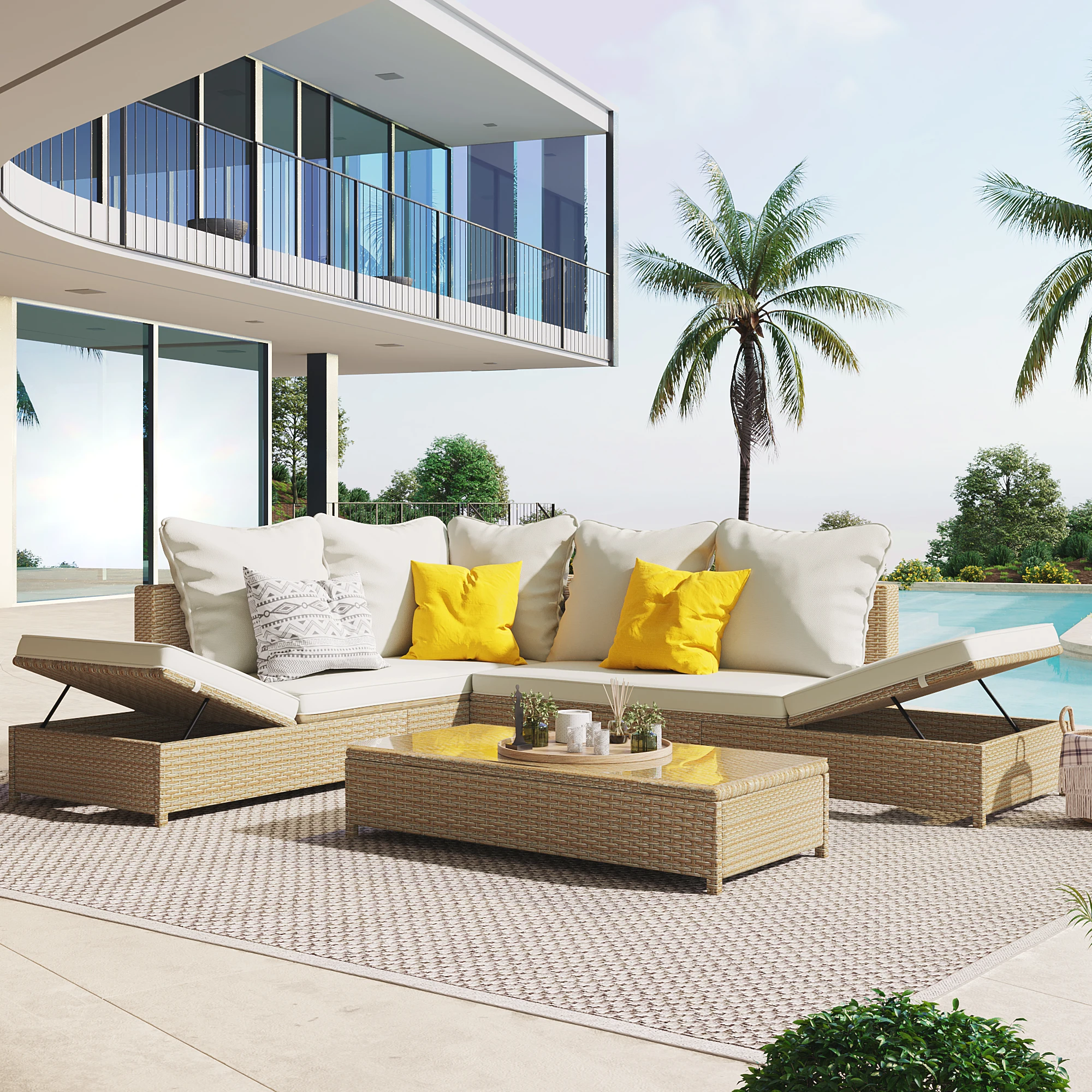 3-Piece Rattan Sofa Set All Weather PE Wicker Sectional Set with Adjustable Chaise Lounge Frame and Tempered Glass Table
3-Piece Rattan Sofa Set All Weather PE Wicker Sectional Set with Adjustable Chaise Lounge Frame and Tempered Glass Table