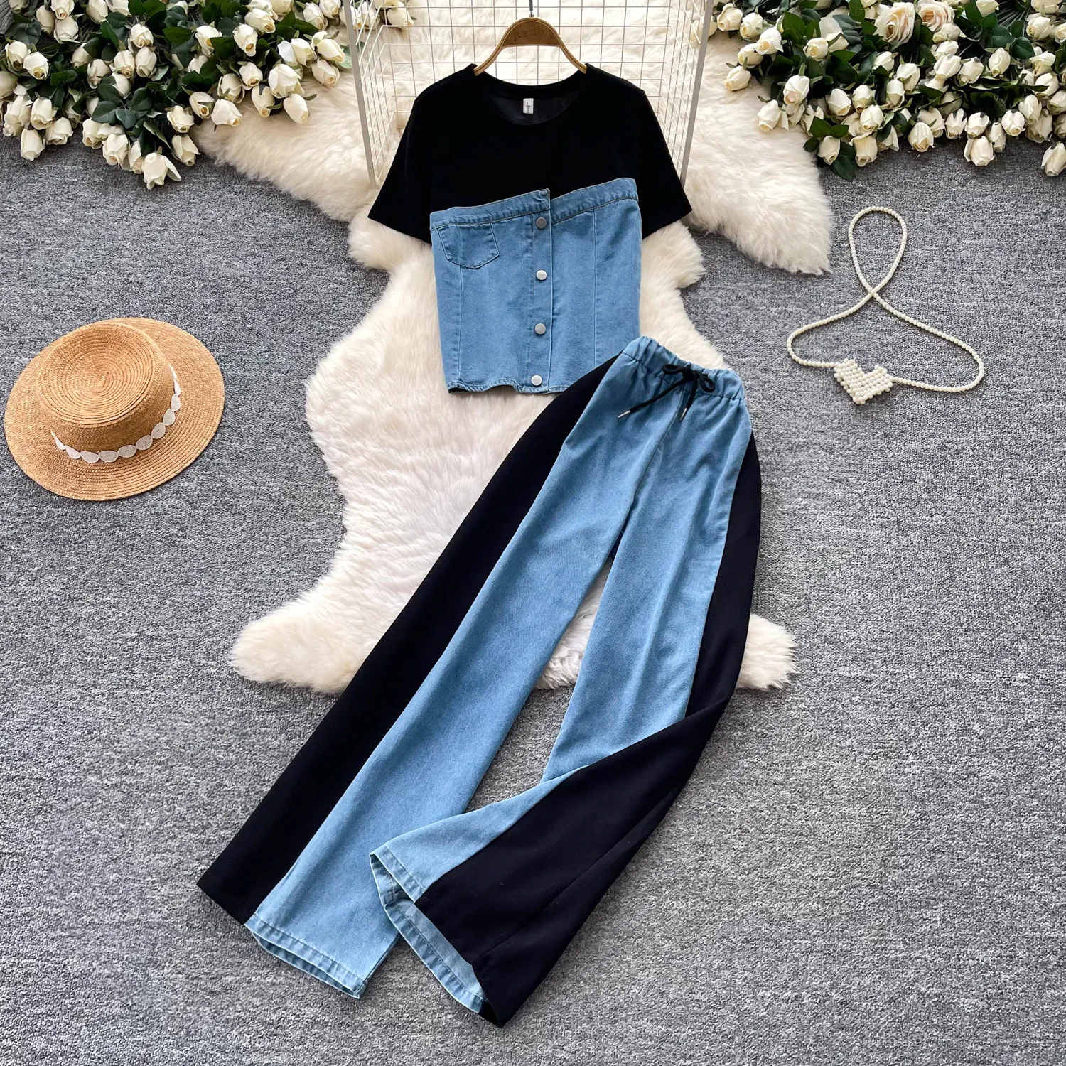 Women Pant Set Two Piece Sets Denim Round Neck Short Sleeve Tops Wide Leg Long Pants Lace Up Elastic Waist Y2k Streetwear 2026
Women Pant Set Two Piece Sets Denim Round Neck Short Sleeve Tops Wide Leg Long Pants Lace Up Elastic Waist Y2k Streetwear 2026