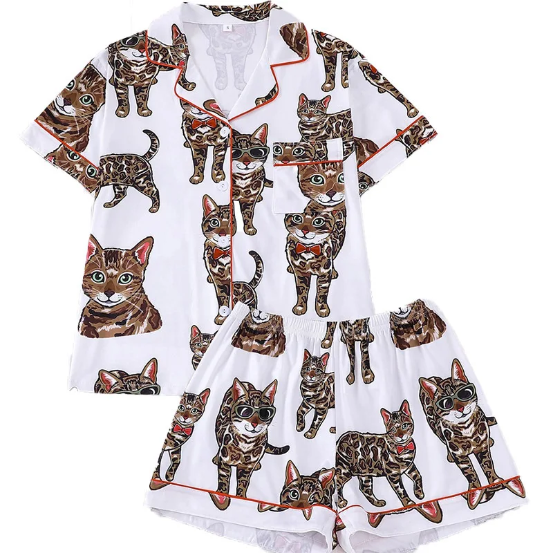 New Cat Print Women's Loungewear Set, Lapel Cardigan Short Sleeve & Shorts Casual Pajamas
New Cat Print Women's Loungewear Set, Lapel Cardigan Short Sleeve & Shorts Casual Pajamas