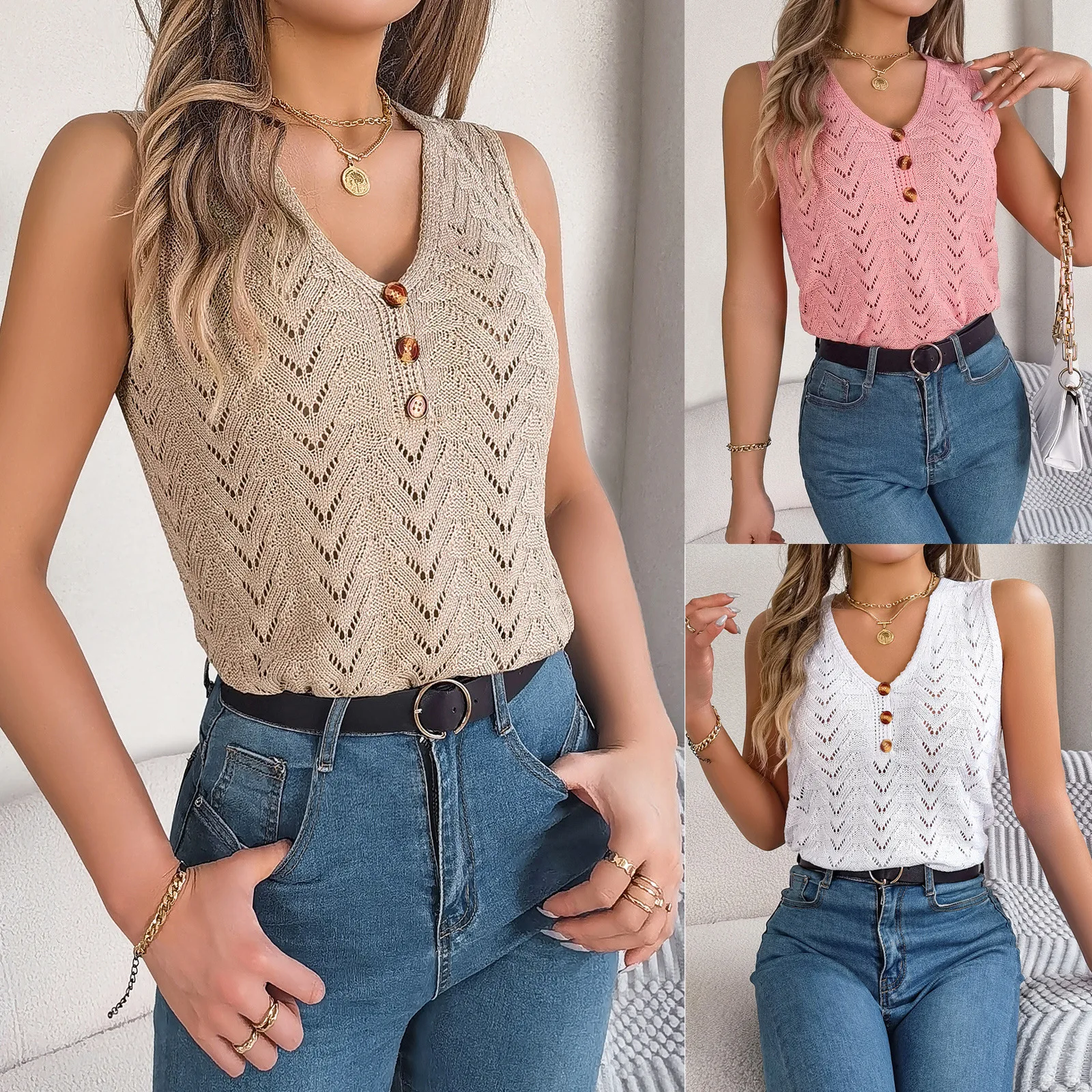 Chic 2026 Summer Sweater Vests Tops Women Knitted Tank Tops Button V-neck Hollow Sleeveless Top Vacation Knitted Sweater Y2K
Chic 2026 Summer Sweater Vests Tops Women Knitted Tank Tops Button V-neck Hollow Sleeveless Top Vacation Knitted Sweater Y2K