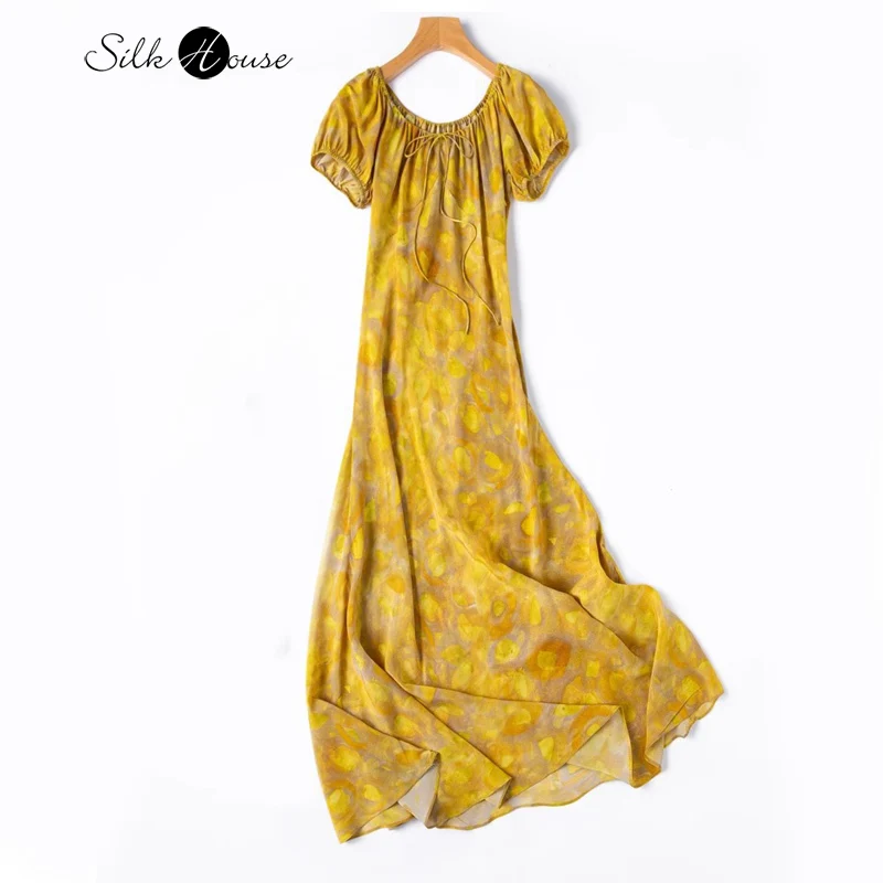 French Style New 100% Natural Mulberry Silk Crepe De Chine Diagonal Cut Lace Up Yellow Oil Painting Women's Short Sleeved Dress
French Style New 100% Natural Mulberry Silk Crepe De Chine Diagonal Cut Lace Up Yellow Oil Painting Women's Short Sleeved Dress