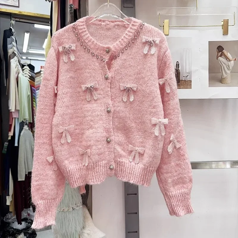 Autumn Women Slim Short Knitted Sweater Apricot Pink Gray Diamond Bow Decoration O-Neck Long Sleeve Female Knit Cardigan Jacket
Autumn Women Slim Short Knitted Sweater Apricot Pink Gray Diamond Bow Decoration O-Neck Long Sleeve Female Knit Cardigan Jacket