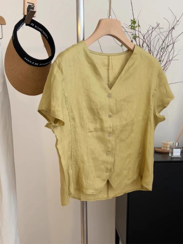 Retro European Flax Short Sleeve Shirt Women's Summer New Loose Casual V-neck Short Top Breathable Korean Style Straight Cut
Retro European Flax Short Sleeve Shirt Women's Summer New Loose Casual V-neck Short Top Breathable Korean Style Straight Cut