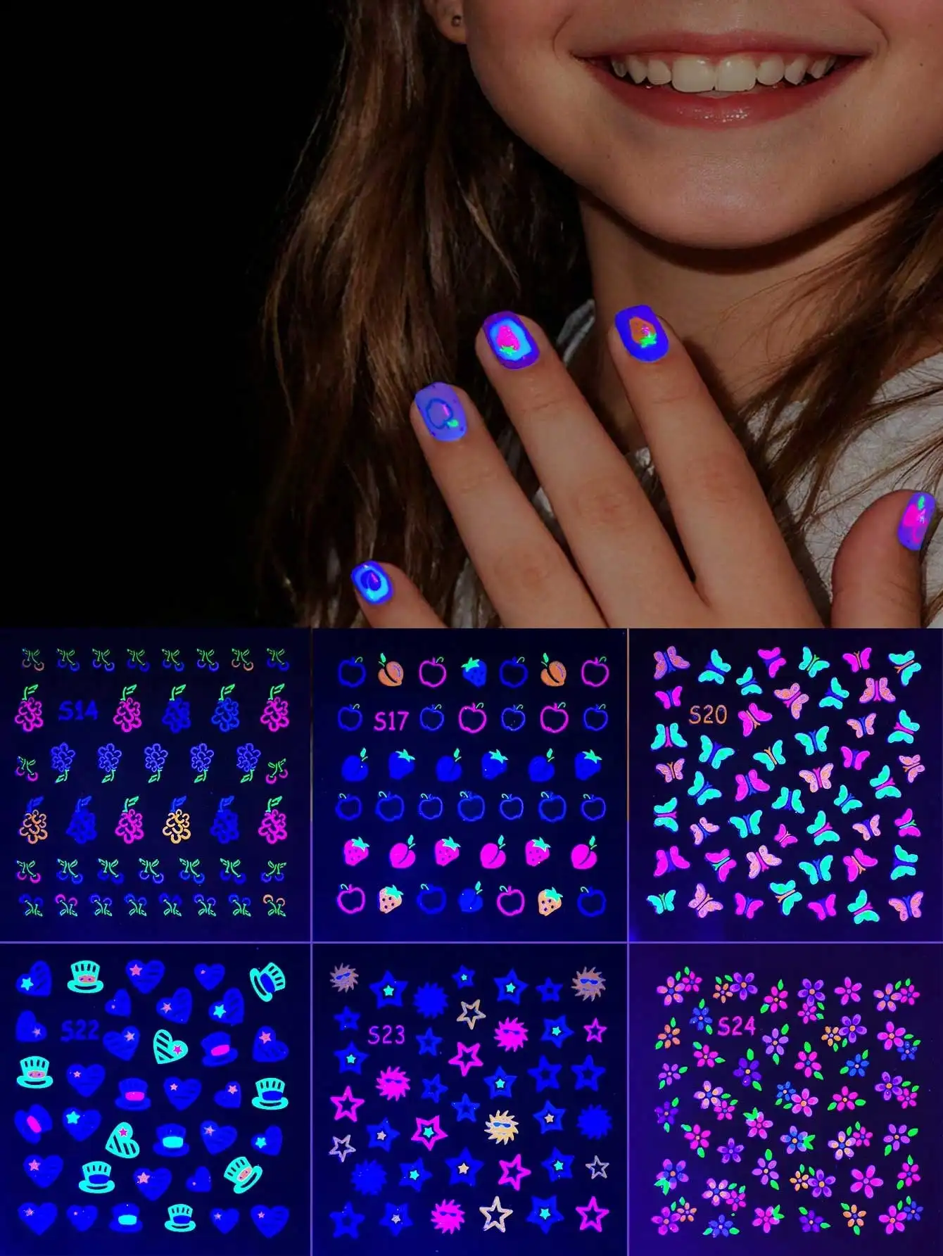 6pcs Glow-In-The-Dark Neon Nail Art Stickers for Kids, Cute Cartoon Fruit, Flower, Heart & Butterfly Designs. Suitable for Children's DIY Nail Decoration & Kids Gifts.
6pcs Glow-In-The-Dark Neon Nail Art Stickers for Kids, Cute Cartoon Fruit, Flower, Heart & Butterfly Designs. Suitable for Children's DIY Nail Decoration & Kids Gifts.