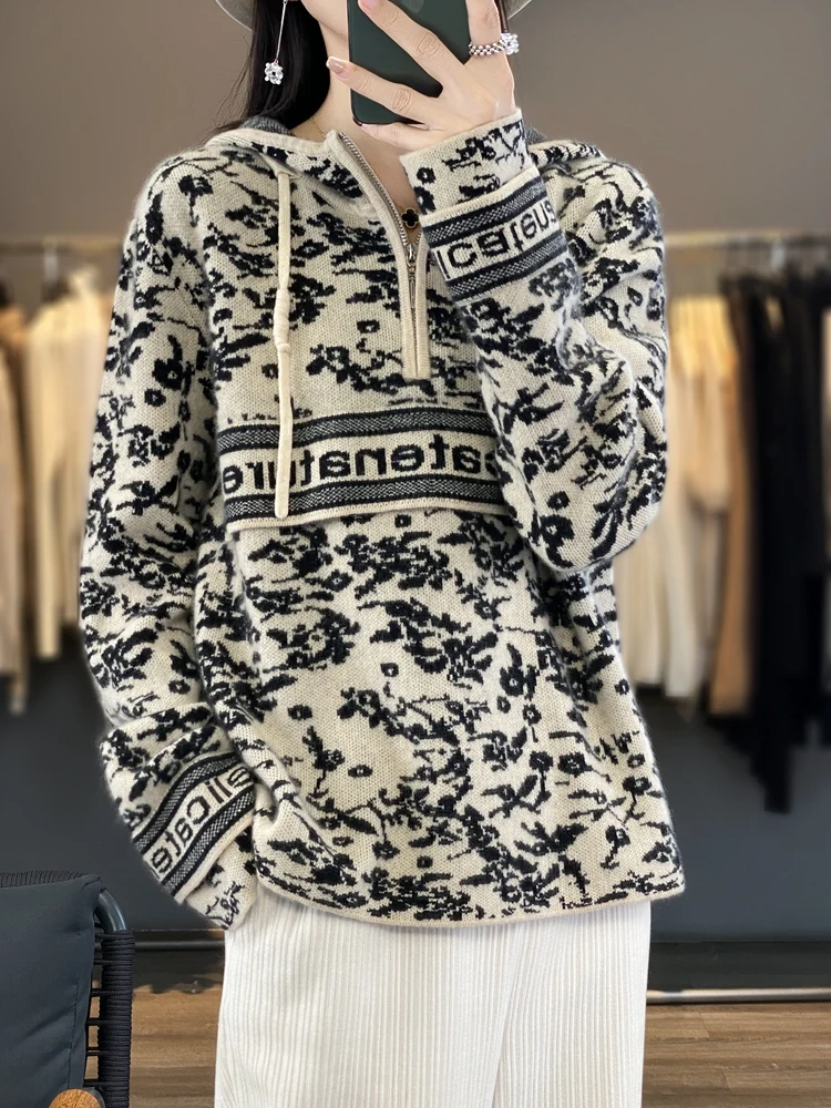 Autumn Winter Women Zipper Wool Hooded Cardigan Cashmere Sweater 100% Merino Wool Knitwear Contrast Color Fashion Knitting Top
Autumn Winter Women Zipper Wool Hooded Cardigan Cashmere Sweater 100% Merino Wool Knitwear Contrast Color Fashion Knitting Top