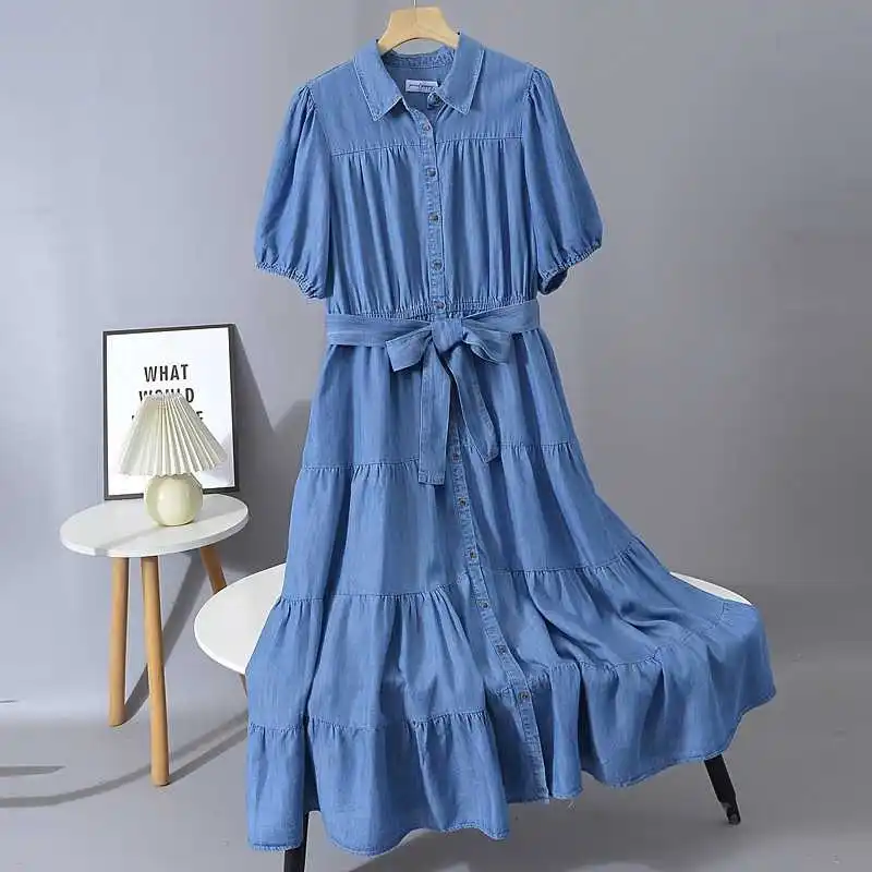 Plus Size French Style Denim Women's Dress Loose All Match Laceup Single Breasted Dress Summer Solid Color A-line Dress
Plus Size French Style Denim Women's Dress Loose All Match Laceup Single Breasted Dress Summer Solid Color A-line Dress
