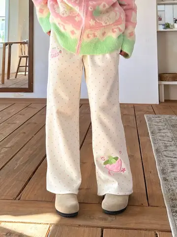 Japanese Cute Strawberry Embroidery Polka Dot Casual Sweatpants Women Spring Autumn Loose Versatile Chic Design Daughter Pants