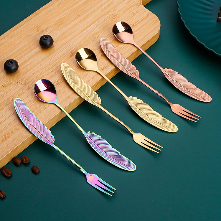 304 Stainless Steel Coffee Spoon and Fork Set - Creative Feather Dessert Spoon Cartoon Fruit Fork Stirring Spoon
304 Stainless Steel Coffee Spoon and Fork Set - Creative Feather Dessert Spoon Cartoon Fruit Fork Stirring Spoon