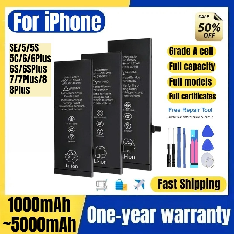 Battery for IPhone SE/5/5S/5C/6/6Plus/6S/6SPlus/7/7Plus/8/8Plus Mobile Phone Batteries High Capacity Battery Replacement Bateria
Battery for IPhone SE/5/5S/5C/6/6Plus/6S/6SPlus/7/7Plus/8/8Plus Mobile Phone Batteries High Capacity Battery Replacement Bateria