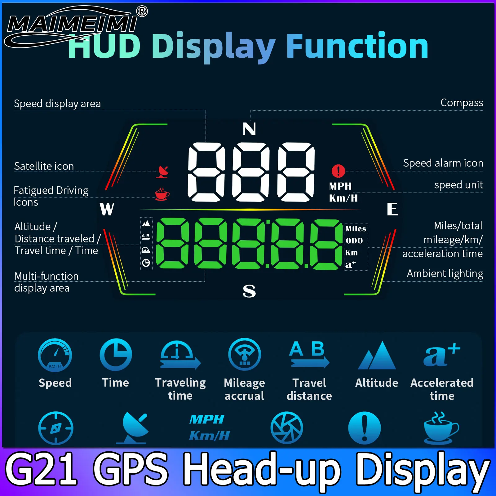 G21 HUD GPS цифровой автомобильный спидометр (MPH/KMH) с проекционным дисплеем, большим шрифтом, компасом, временем и сигнализацией о превышении скорости для всех автомобилей
G21 HUD GPS цифровой автомобильный спидометр (MPH/KMH) с проекционным дисплеем, большим шрифтом, компасом, временем и сигнализацией о превышении скорости для всех автомобилей