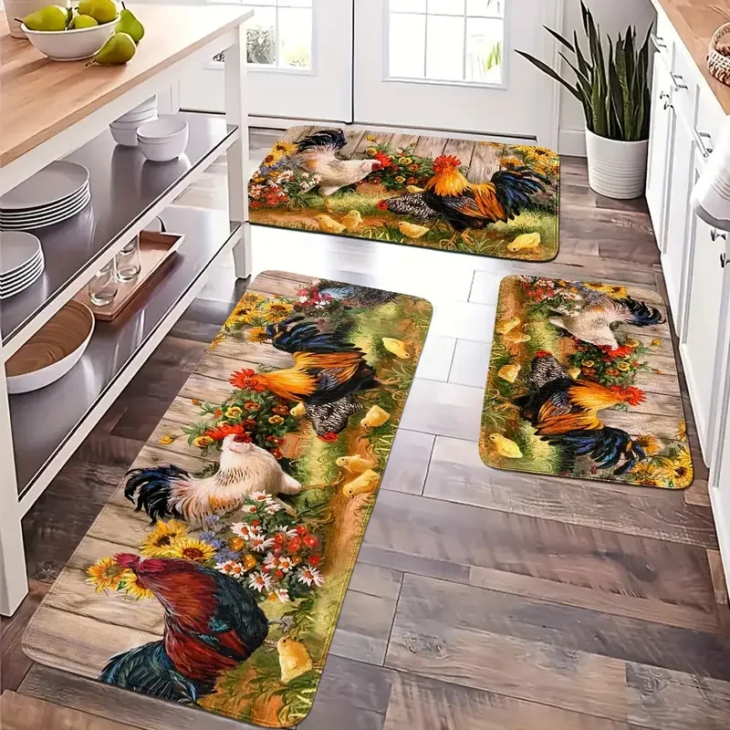Farmyard Chicken and Flowers Pattern Kitchen Rug Set Rural Style Floor Mats