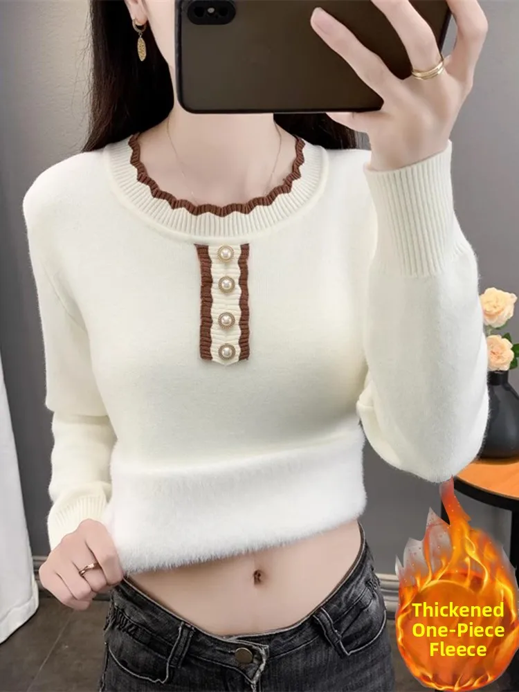 Thiened Fce Knitted Sweater Pearl Button round Ne-Piece Warm Slimming Women's Autumn Winter New Sle Knitwear
Thiened Fce Knitted Sweater Pearl Button round Ne-Piece Warm Slimming Women's Autumn Winter New Sle Knitwear