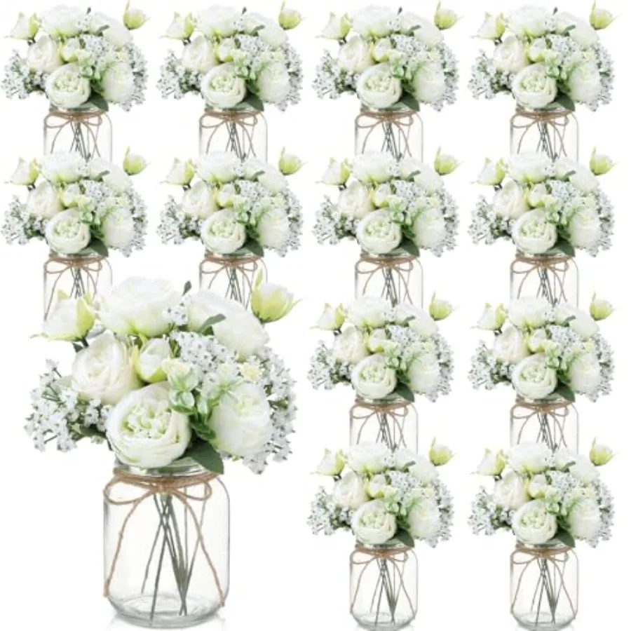 12 Sets Mason Jar Centerpiece Table Decorations, Artificial Peony Baby's Breath Flower Bouquets, Faux Flowers with Vase, Rustic
12 Sets Mason Jar Centerpiece Table Decorations, Artificial Peony Baby's Breath Flower Bouquets, Faux Flowers with Vase, Rustic