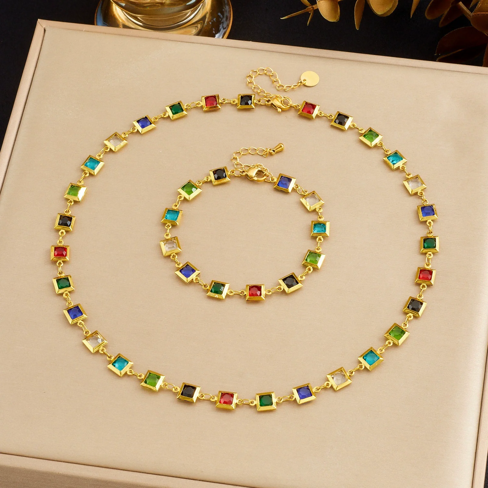 18K Gold Plated Multicolor Square CZ Jewelry Set, Bezel-Set Rainbow Stone Necklace & Bracelet, Stainless Steel Stackable Set
18K Gold Plated Multicolor Square CZ Jewelry Set, Bezel-Set Rainbow Stone Necklace & Bracelet, Stainless Steel Stackable Set