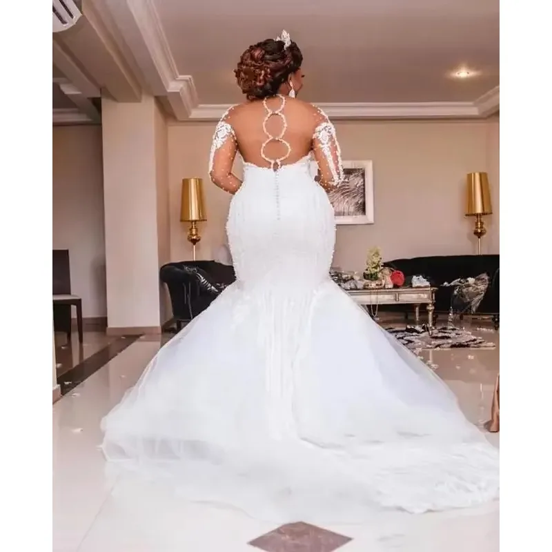 Customized Beading Mermaid Wedding Dresses Long Sleeve Appliques Pearls African Gowns Plus Size Bridal Vestido De Noiva
Customized Beading Mermaid Wedding Dresses Long Sleeve Appliques Pearls African Gowns Plus Size Bridal Vestido De Noiva