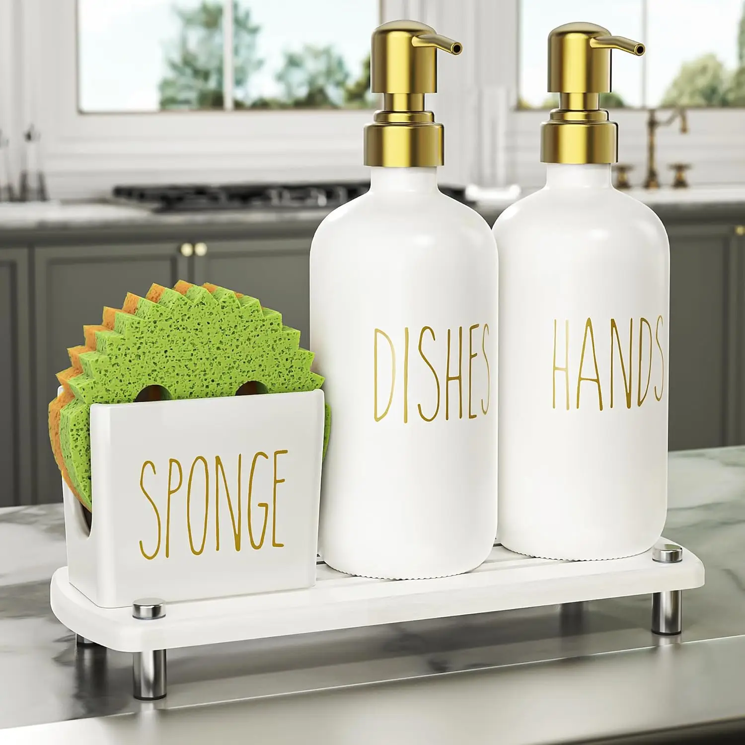 Kitchen Soap Dispenser Set Comes with Ceramics Sponge Holder, Gold Pumps, and Dry Tray, Hand and Dish
Kitchen Soap Dispenser Set Comes with Ceramics Sponge Holder, Gold Pumps, and Dry Tray, Hand and Dish
