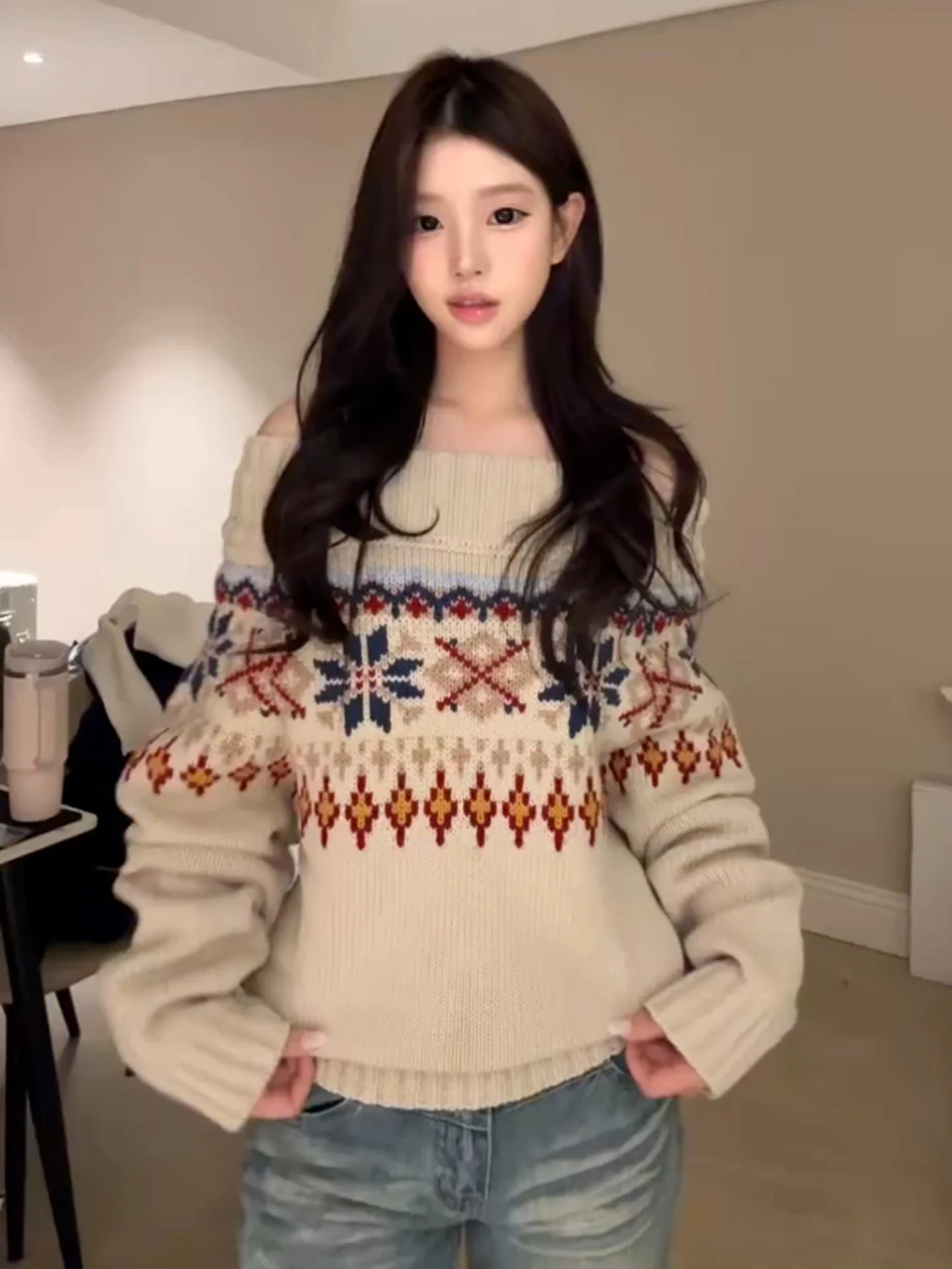 Retro Fair Isle One oulder Knitted Sweater Women's Autumn Winter New Korean Sle Elely oulder Top
Retro Fair Isle One oulder Knitted Sweater Women's Autumn Winter New Korean Sle Elely oulder Top