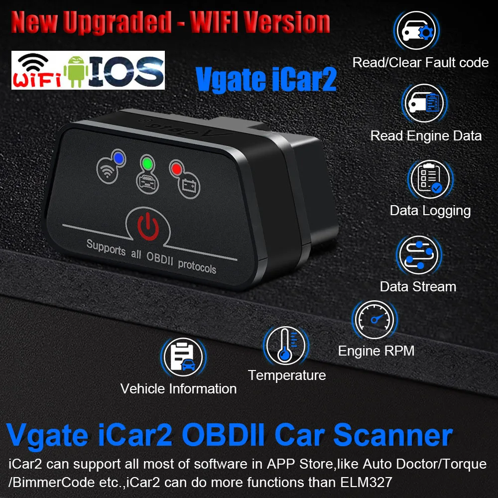 Vgate iCar2 WIFI Version OBD2 Code Reader Car Diagnostic Scanner Supports all OBDII Protocols Work with Android IOS and Windows