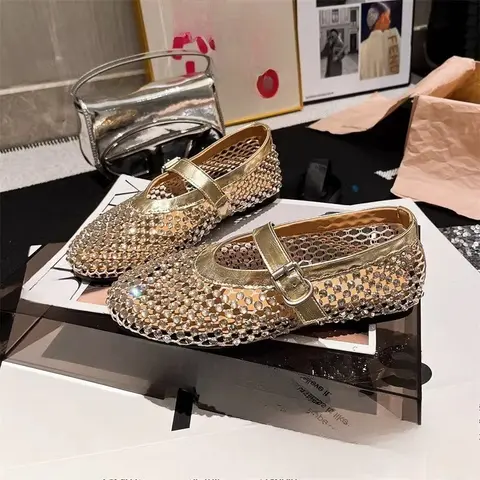 Fashion Rhinestone One Word Mary Jane Cutout Mesh Ballet Fishnet Shoes Round Toe Shallow Mouth Soft Sole Flats