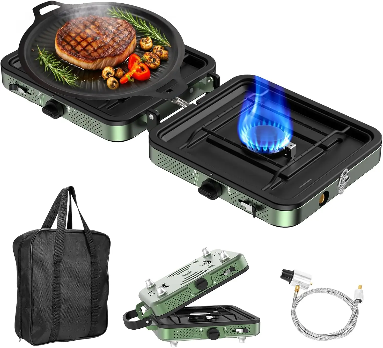 Portable 2-Burner Camping Stove with Griddle, Carrying Bag & Hose, 8600BTU Propane Stove for Outdoor Cooking
Portable 2-Burner Camping Stove with Griddle, Carrying Bag & Hose, 8600BTU Propane Stove for Outdoor Cooking