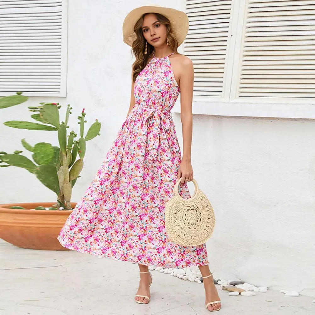 Women Summer Dress Halter Neck Backless Flower Print Dress Off Shoulder Pleated Belted Waist Bohemian Beach Style Maxi Dress
Women Summer Dress Halter Neck Backless Flower Print Dress Off Shoulder Pleated Belted Waist Bohemian Beach Style Maxi Dress