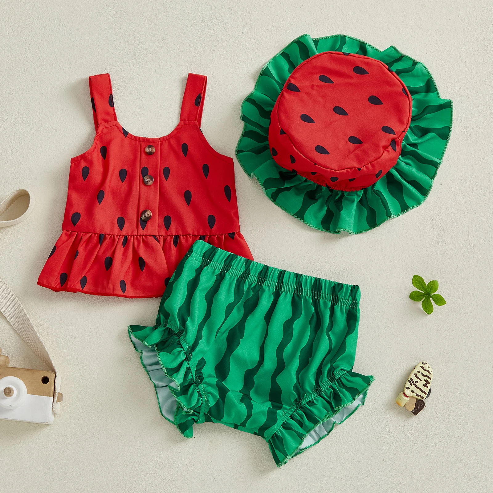 0-3Y Girls 3 Piece Watermelon Outfits Sleeveless Button Cami Tops Ruffle Trim PP Shorts Hat Sets
0-3Y Girls 3 Piece Watermelon Outfits Sleeveless Button Cami Tops Ruffle Trim PP Shorts Hat Sets