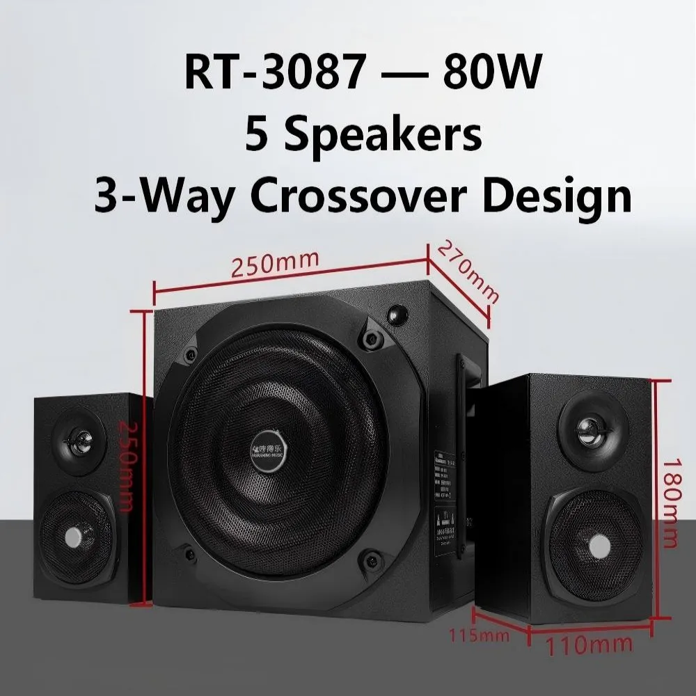 80W 220V RT-3087 Aduio 2.1-Channel HIFI 3D Stereo Surround 5 Loudspeakers 3-Way Crossover Design Powerful Deep Bass BT 5.4 USB
80W 220V RT-3087 Aduio 2.1-Channel HIFI 3D Stereo Surround 5 Loudspeakers 3-Way Crossover Design Powerful Deep Bass BT 5.4 USB