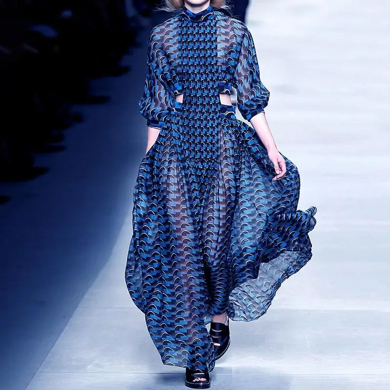 Fashion Print Women High Neck Long Sleeves Dresses Sexy Hollow Out Waist A Line Floor Length Charming Party Dress Female New
Fashion Print Women High Neck Long Sleeves Dresses Sexy Hollow Out Waist A Line Floor Length Charming Party Dress Female New