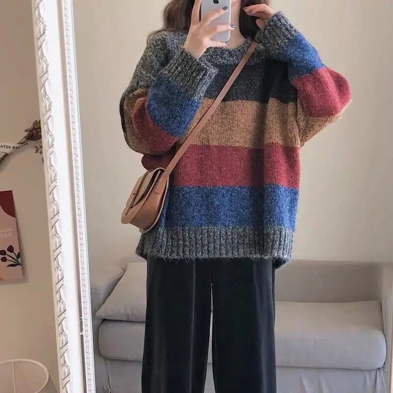 DAYIFUN Stripe O-neck Sweaters Lady Vintage Rainbow Color Matching Jumpers Women Autumn Winter Loose Knitted Pullovers Tops
DAYIFUN Stripe O-neck Sweaters Lady Vintage Rainbow Color Matching Jumpers Women Autumn Winter Loose Knitted Pullovers Tops