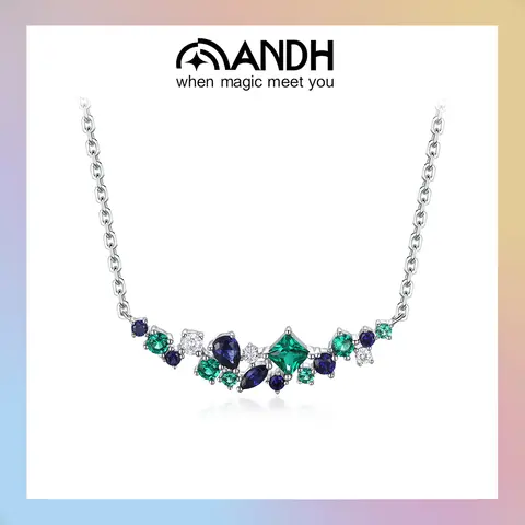 ANDH Mixed Cut Lab Sapphire Emerald Moissanite Necklace for Women Curved Cluster Pendant Luxury Brand Jewelry Anniversary Gifts