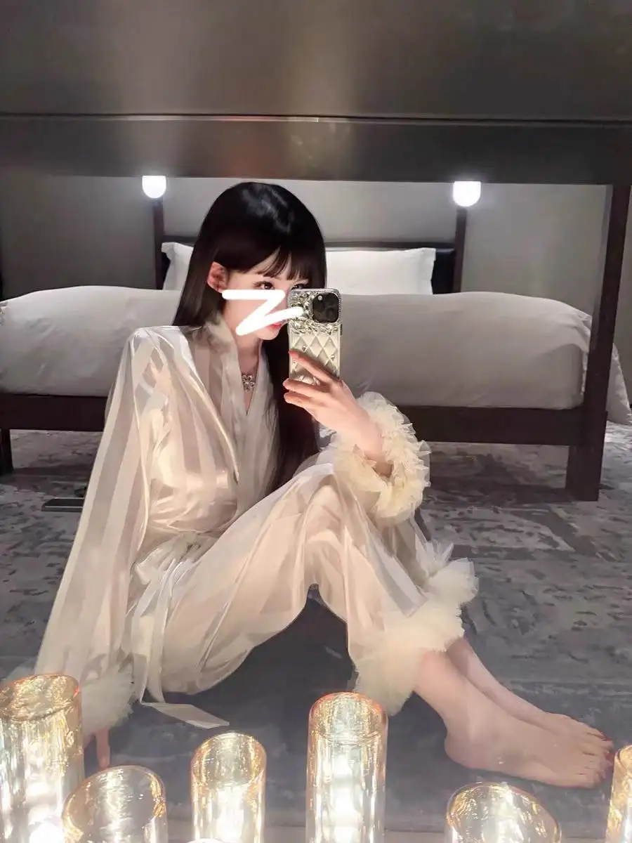 Satin Sleepwear Set with Long Sleeves And Vertical Stripe Design Petal Design Classical Court Style Home Wear for W...
Satin Sleepwear Set with Long Sleeves And Vertical Stripe Design Petal Design Classical Court Style Home Wear for W...