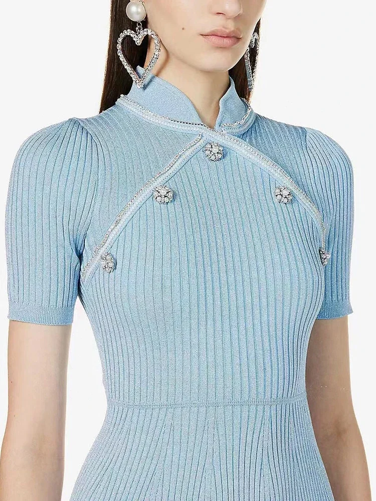 Blue women summer knitted dress stand collar short sleeve slim fit elastic party mini dress
Blue women summer knitted dress stand collar short sleeve slim fit elastic party mini dress