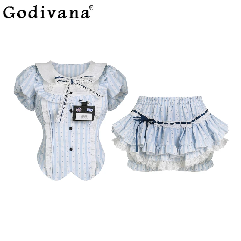 Women's Lolita Style Set Striped Top with Bowknot Badge Striped Cake Skirt Suits Female Summer Sweet Cute Skirt Outfits
Women's Lolita Style Set Striped Top with Bowknot Badge Striped Cake Skirt Suits Female Summer Sweet Cute Skirt Outfits