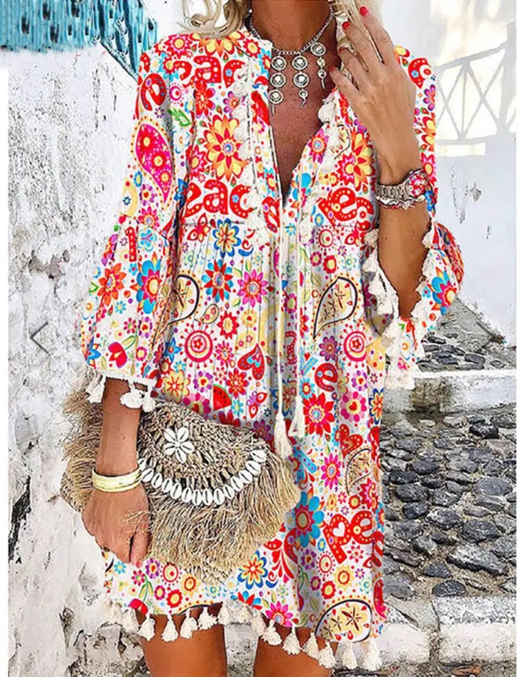Fashionable Summer Women's Dress New Style Floral Print V-neck Pullover Tassel Ruffle Sleeves Casual Daily Dress
Fashionable Summer Women's Dress New Style Floral Print V-neck Pullover Tassel Ruffle Sleeves Casual Daily Dress