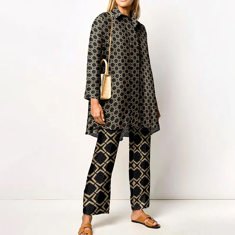 Geometric Print Two Piece Outfit Long Sleeve Shirt and Wide Leg Pants Co-ord Set Casual Loose Fit Matching Set for Women
Geometric Print Two Piece Outfit Long Sleeve Shirt and Wide Leg Pants Co-ord Set Casual Loose Fit Matching Set for Women