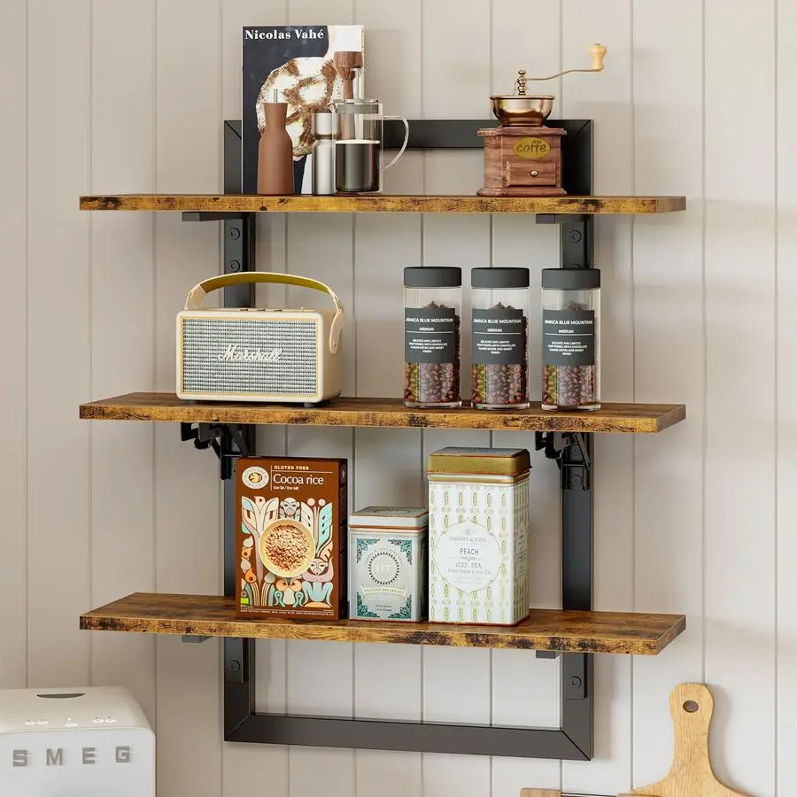 Floating Shelves for Wall, 24 inch Kitchen Shelves Wall Mounted, 3 Tier Coffee Bar Shelf with Foldable Brackets, Industrial Disp
Floating Shelves for Wall, 24 inch Kitchen Shelves Wall Mounted, 3 Tier Coffee Bar Shelf with Foldable Brackets, Industrial Disp
