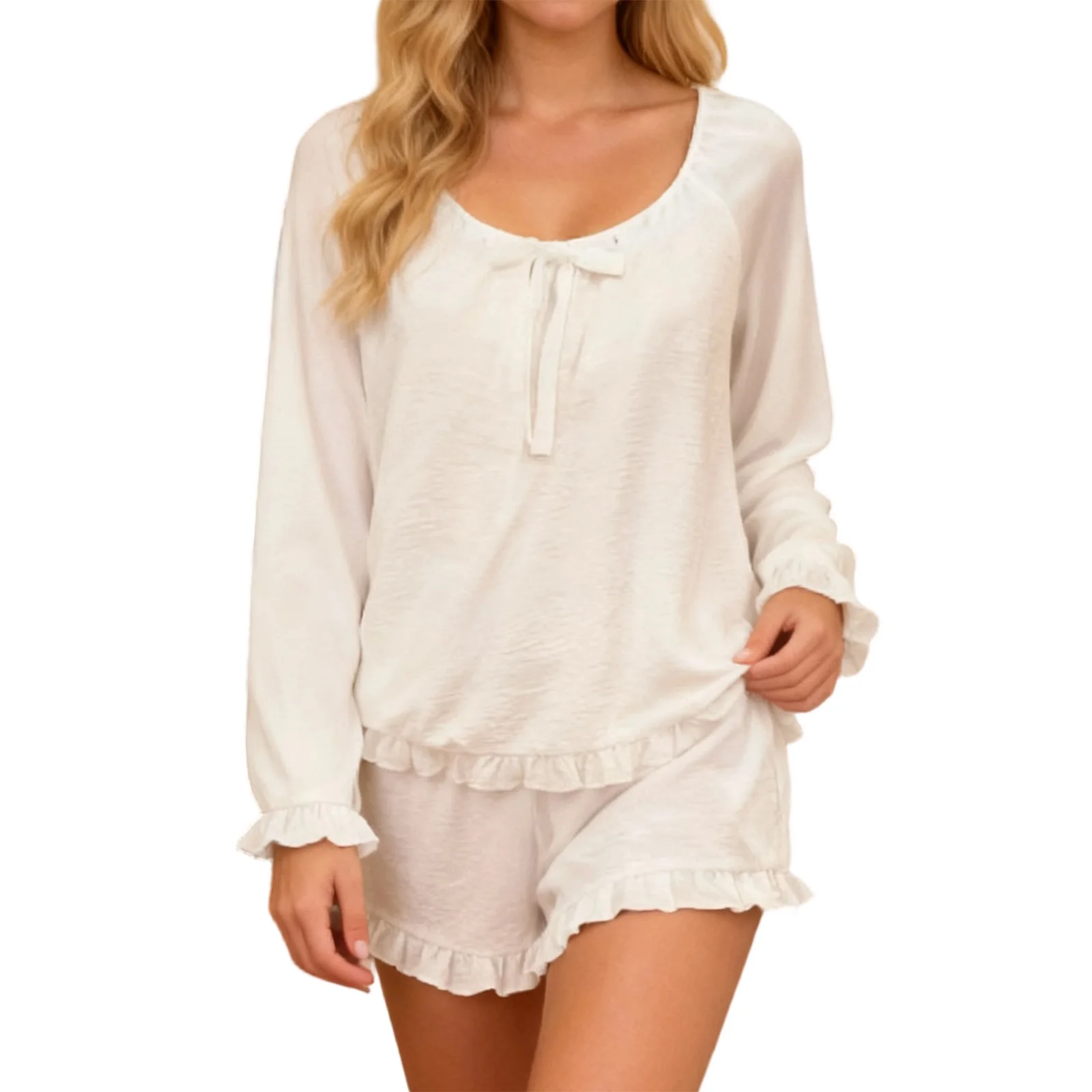 Женский осенний пижамный комплект, однотонный топ с рюшами и декоративным бантом, топы с длинными рукавами и шорты для отдыха, комплект из 2 предметов
Женский осенний пижамный комплект, однотонный топ с рюшами и декоративным бантом, топы с длинными рукавами и шорты для отдыха, комплект из 2 предметов