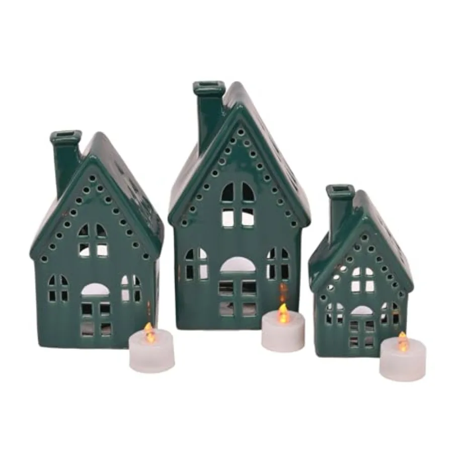 Deep Green Glazed Porcelain Holiday Tea Light Village House Figurines, Set of 3, 8 Inch
Deep Green Glazed Porcelain Holiday Tea Light Village House Figurines, Set of 3, 8 Inch