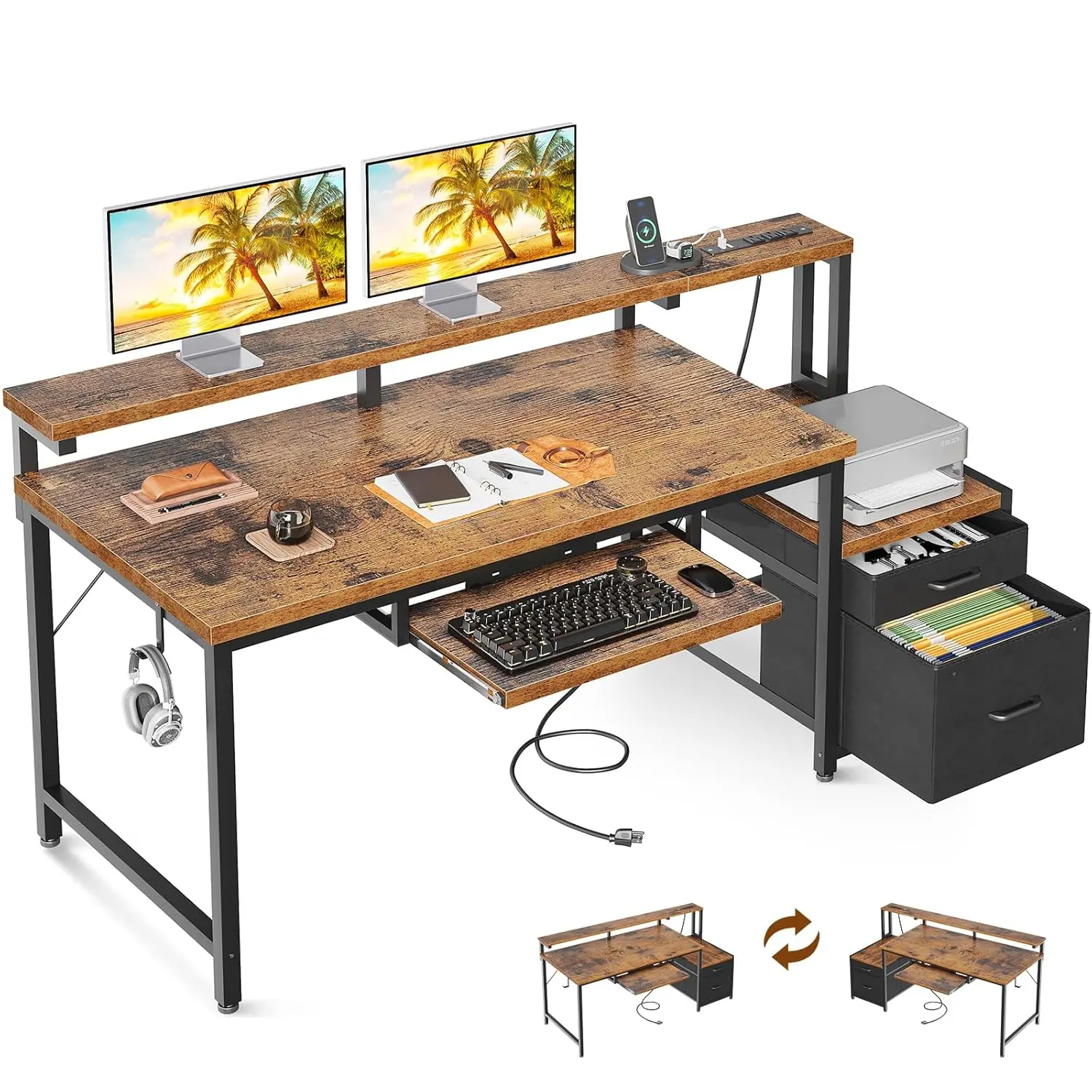 55in Reversible Computer Desk with Keyboard Tray, Power Outlet, File Drawers & Printer Shelf, Vintage, Customized
55in Reversible Computer Desk with Keyboard Tray, Power Outlet, File Drawers & Printer Shelf, Vintage, Customized
