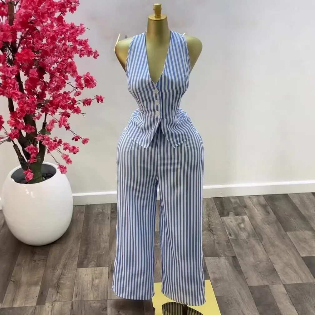 Summer Suit 2 Piece Set , Sleeveless V Neck High Waist Wide Leg Trousers, Blue and White Striped Pattern Matching Set, Women
Summer Suit 2 Piece Set , Sleeveless V Neck High Waist Wide Leg Trousers, Blue and White Striped Pattern Matching Set, Women