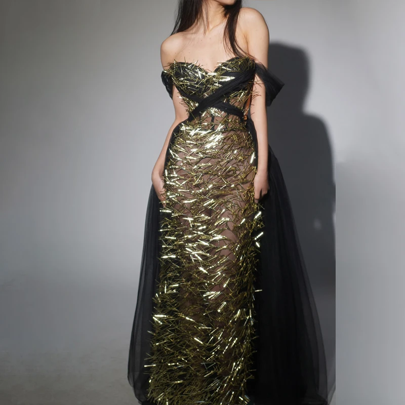 Evening Party Dress Black Gold Off Shoulder Stage Costume Women Performance Long Dresses Summer Festival Rave Clothing VDL3118
Evening Party Dress Black Gold Off Shoulder Stage Costume Women Performance Long Dresses Summer Festival Rave Clothing VDL3118