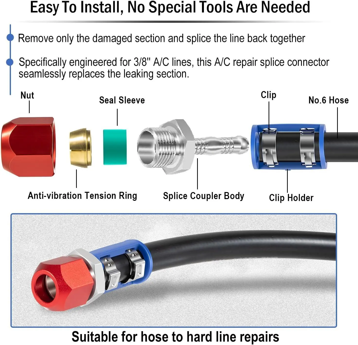 800-671 A/C Line Splice Kit for 3/8" Line With No. 6 Hose 24 Inches, Air Conditioning Repair Splice Connector Kit
800-671 A/C Line Splice Kit for 3/8" Line With No. 6 Hose 24 Inches, Air Conditioning Repair Splice Connector Kit