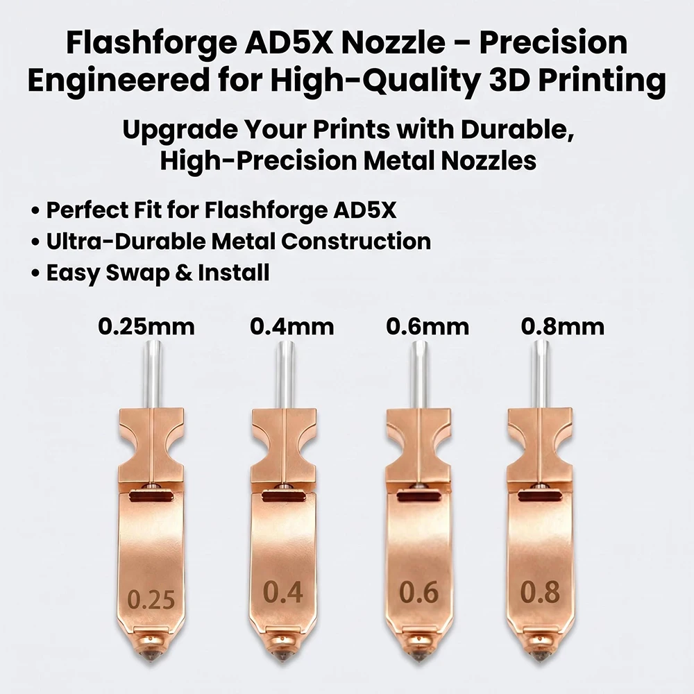 Сменные сопла Flashforge AD5X (0.4, 0.6, 0.25, 0.8 мм) для хотэнда Flashforge AD5X, быстросъемный нагревательный блок экструдера
Сменные сопла Flashforge AD5X (0.4, 0.6, 0.25, 0.8 мм) для хотэнда Flashforge AD5X, быстросъемный нагревательный блок экструдера