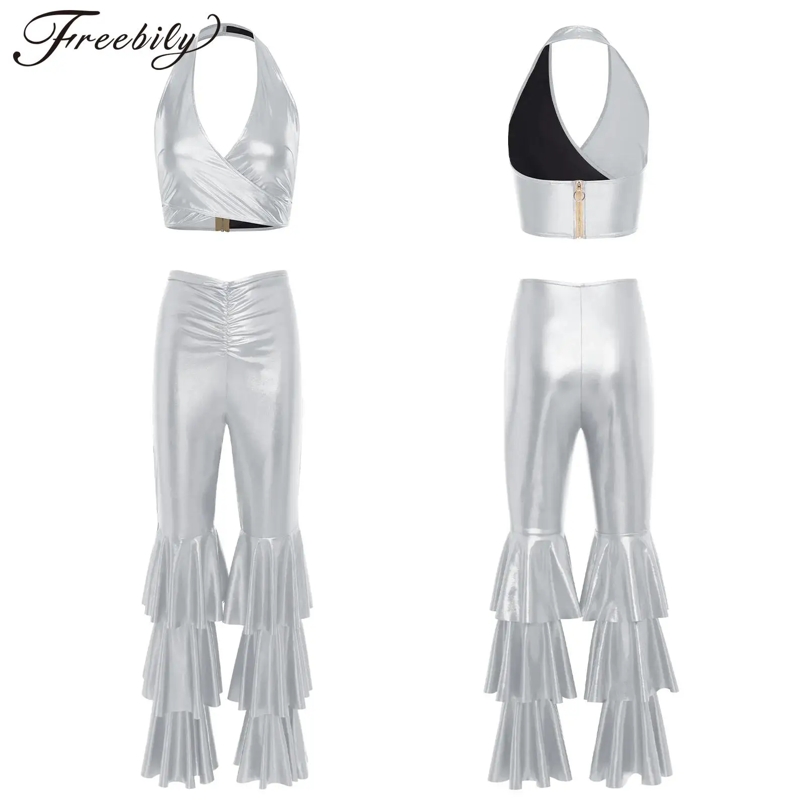 Women 70s Disco Hippie Cosplay Costume Metallic Shiny Halter Crop Top with Flared Pants for Halloween Carnival Party Performance
Women 70s Disco Hippie Cosplay Costume Metallic Shiny Halter Crop Top with Flared Pants for Halloween Carnival Party Performance