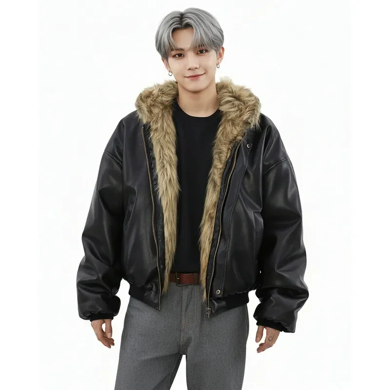 Top quality cotton mens PU leather jacket winter velvet thick double-sided wearing korean fashion fur coat integrated jackets
Top quality cotton mens PU leather jacket winter velvet thick double-sided wearing korean fashion fur coat integrated jackets